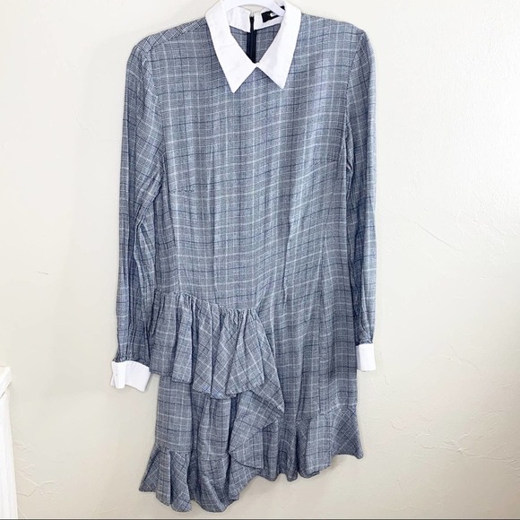 Petersyn Grey Plaid Collared Long Sleeve Ruffle Carter Dress Size L - Picture 3 of 11